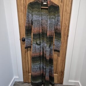 Anthropologie Olive Green Gray Rust Striped Long Knit Cardigan